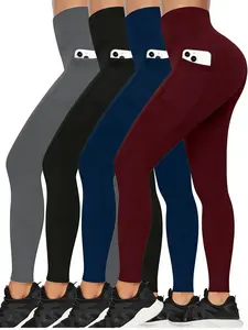 Women's Plus Size Solid High Rise Slim Fit Sports Leggings Set (5pcs) with Phone Pockets, Gym Leggings, Workout Bottoms, Fitness Training Pants, Suitable for Spring/Autumn Running Yoga