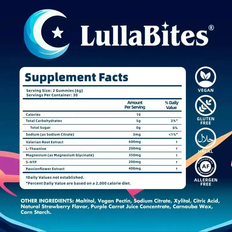 LullaBites Natural Sleep Gummies, Sweet Strawberry Stars, Melatonin‑Free, 30 Servings (60 Gummies), Vegan Sugar‑Free, Support Calm & Restful Nighttime Routine