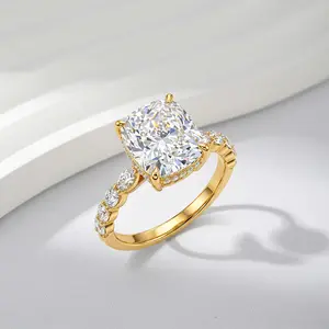 4ct Elongated Cushion Cut Eco Diamond Ring 14K Gold Plated Hidden Halo Engagement Ring for Women Sparkly Luxury Statement Ring