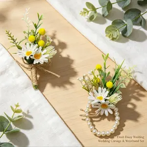 2-Piece White Yellow Daisy Boutonniere Wrist Corsage Set, Wedding Floral Accessories for Prom Anniversary Party