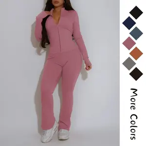 Women's 2 Piece Outfits Long Sleeve Zip Up Jacket Flare Pants Matching Tracksuit Set