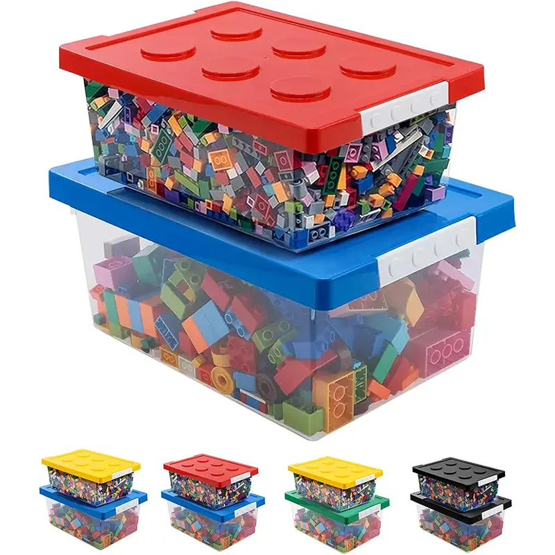 Rectangular Plastic Storage Bins with Lids - 2-Piece Stackable Transparent Kids Organizers, Child-Friendly Safety Boxes with Compatible Building Baseplate (12''x8.1''x5.3'', 14.4''x9.6''x6.5'', Yellow+Green) for Building Blocks, Home Room Accessories