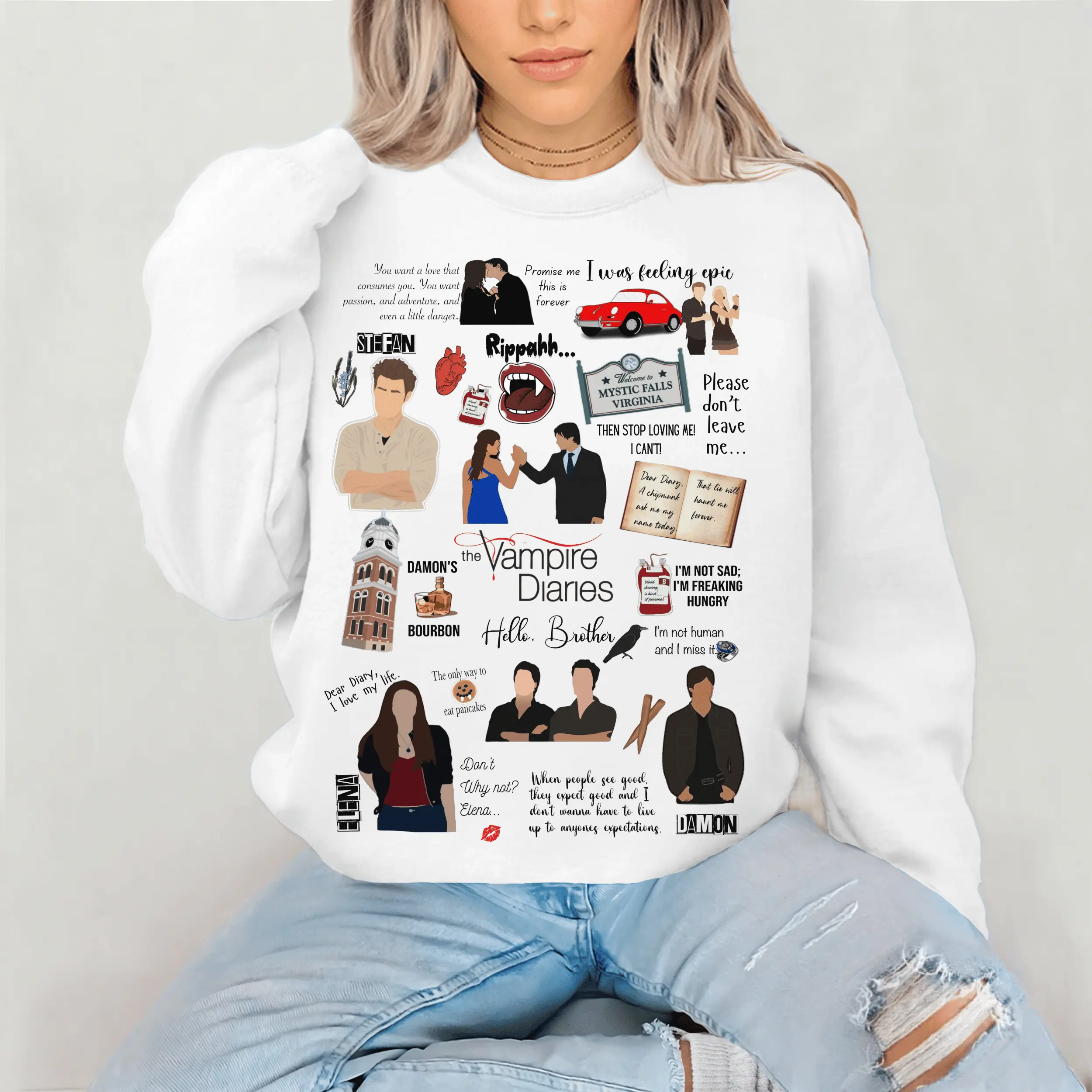 Vampire Diaries Quotes Sweatshirt, The Vampire Diaries, TVD Merch, TVD Quotes, Damon Salvatore, Mystic Falls, TVD Fans, Unisex Crewneck Sweatshirt