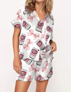 Diet Pepper Pajama Set Satin For Women Print Comfy Sleepwear Satin & Loungewear, Pjs Printing Silky Short Pjs, Long Sleeves Pjs, Women Gift, Gift For Mom, Sister Gift