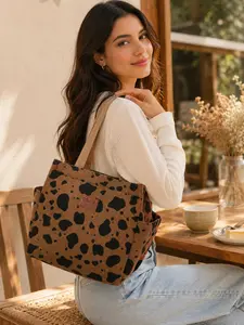 Cute Leopard Print Canvas Corduroy Tote Bag for Women Large Capacity Work Lunch Bag Vintage Shoulder Purse with Side Pockets Portable Handbag for School Office Travel Beach Picnic Shopping Everyday Carry Christmas Birthday Holiday Gift for Girlfriend Wife
