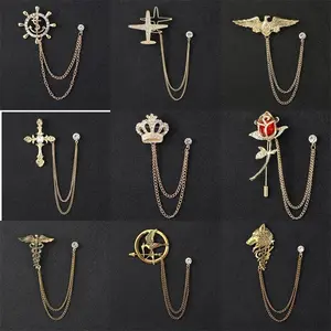 Retro Airplane Wolf Tassel Chain Brooch Crystal Flower Wings Animal Lapel Pins Men's Suit Shirt Collar Badge Brooches Jewelry