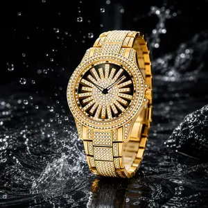 Men’s Gold 46mm Rotating Dial Bustdown Watch Iced Out Hip Hop Bling Luxury Quartz Watch Stainless Steel Diamond Style Wristwatch for Men