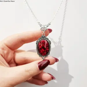 Viral Gothic Vintage Necklace Antique Silver Butterfly Filigree Oval Red Black Gem Pendant Victorian Aesthetic Adjustable Chain Witchy Grunge Jewelry For Women Girls Halloween Party Daily Outfits