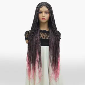 Dorina 36" Blended Ombre Peach Pink Box Braided Wigs for Women Knotless Box Braids Full Lace Wig With Baby Hair Full double Lace Hand Braid Wigs