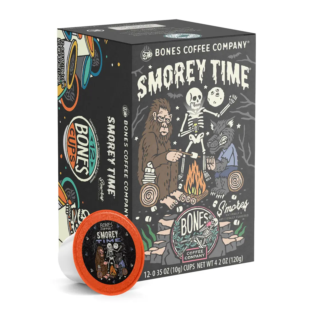 Bones Coffee Company | S'morey Time S'mores Flavored Coffee Pods 12 Count Medium Roast Keurig Compatible Bones Coffee Company | S'morey Time S'mores Flavored Coffee Pods 12 Count Medium Roast Keurig Compatible