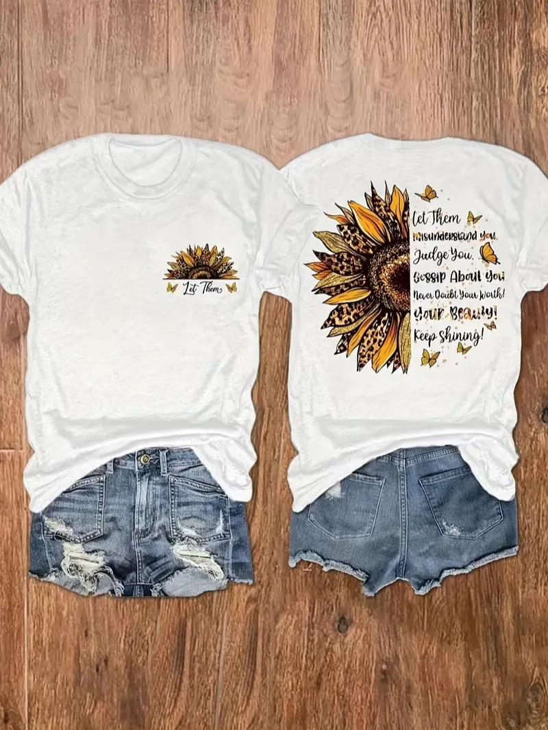 Inspirational Sunflower & Letter Print Crew Neck T-Shirt, Casual Vacation Women's Short Sleeve Top, Women's Clothing