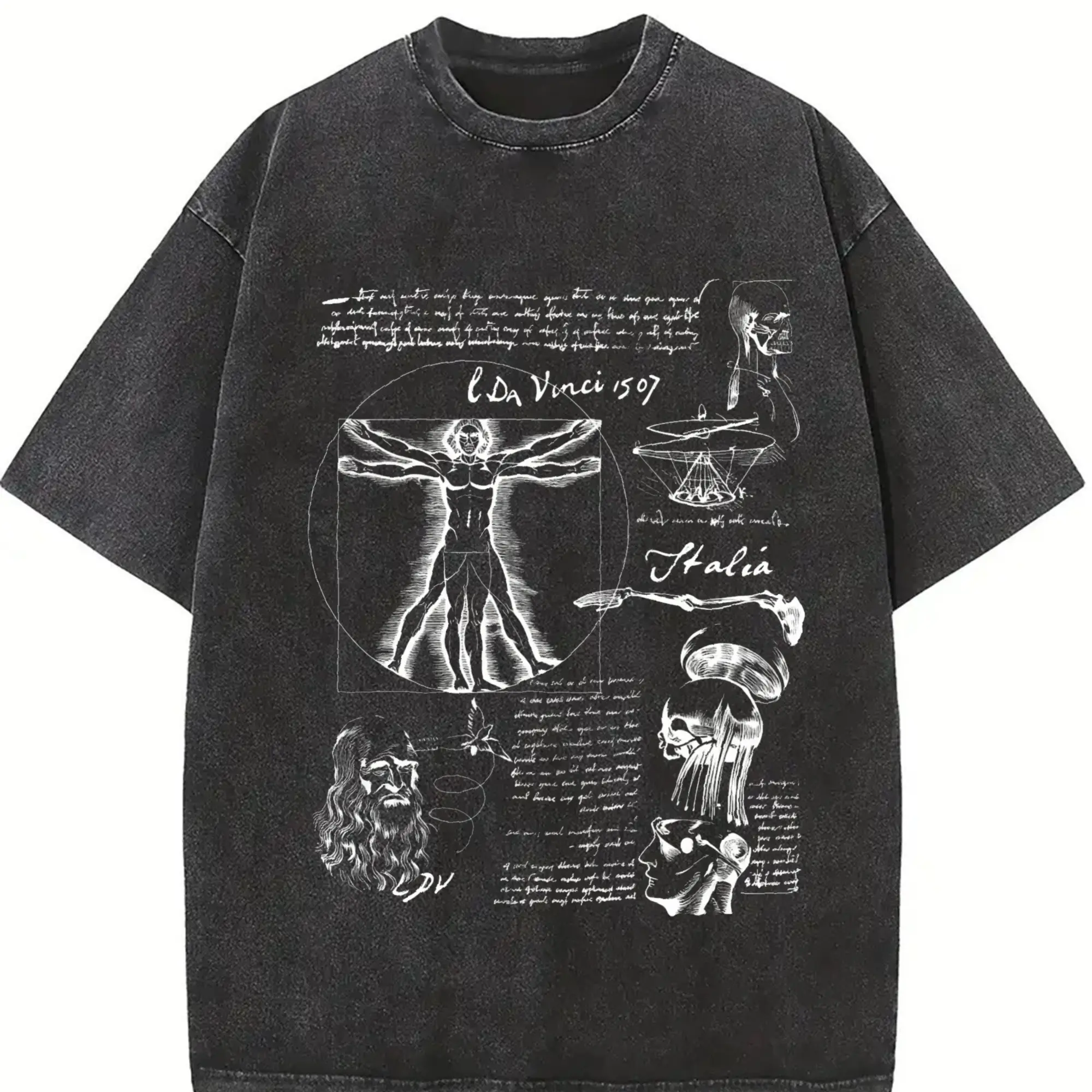 Menswear Casual Short-Sleeve Round Neck Da Vinci Vitruvian Man Vintage T-Shirt - Anatomical Sketch Retro Art Tee, Italian Renaissance Drawing, Grunge Science Graphic, Unisex Streetwear