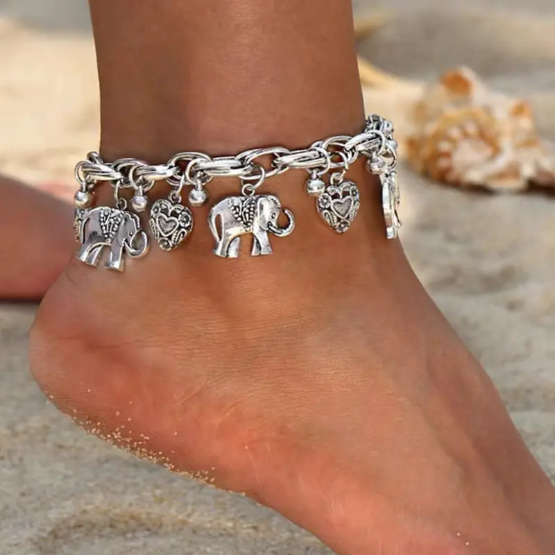 Women's Boho Style Elephant & Heart Design Anklet, Fashionable Retro Anklet for Women & Girls, Trendy All-match Vintage Body Jewelry As Gift for Summer Decor, Fashion Jewelry Accessories