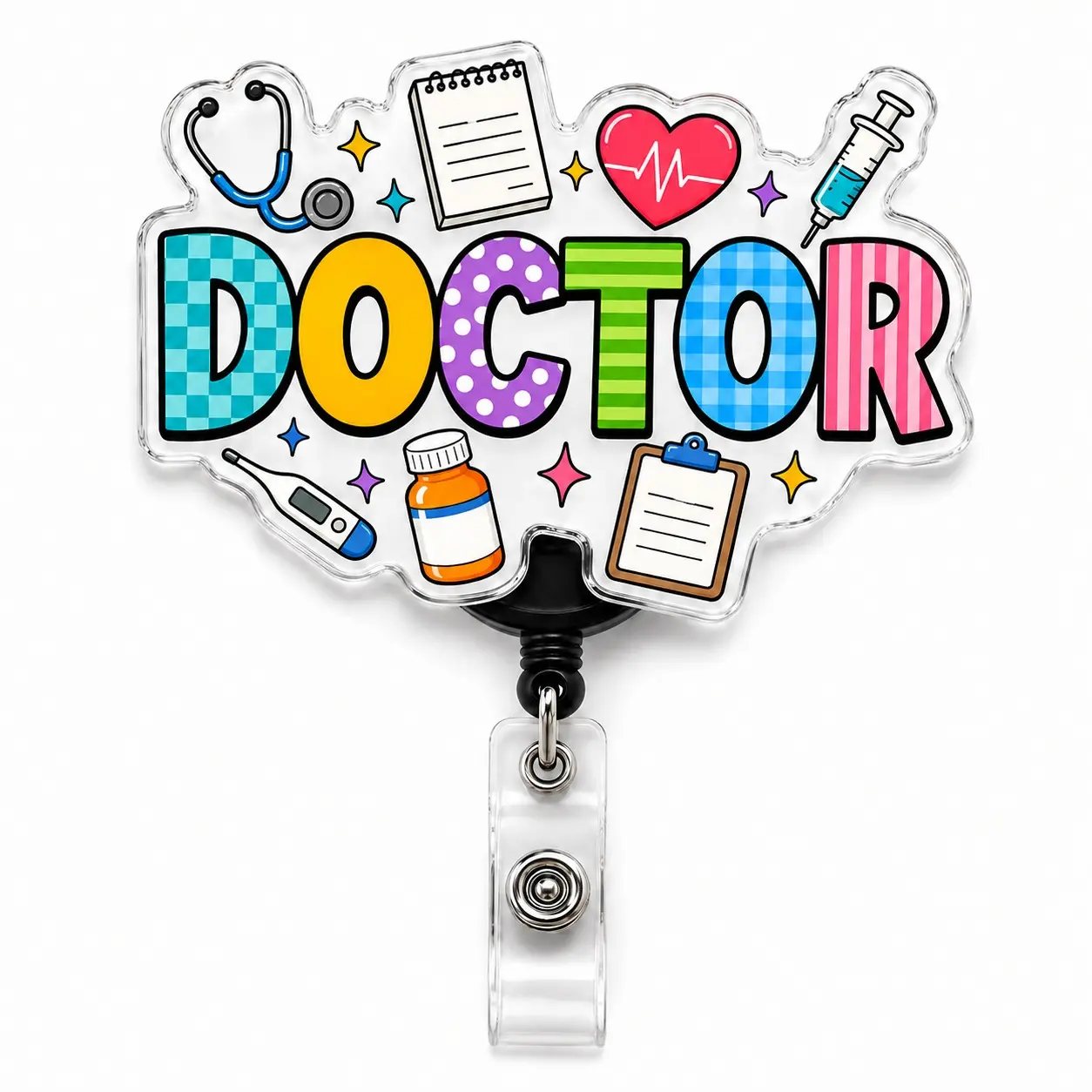 Med-Themed Colorful Acrylic Clip-On Badge Reel, 2-In Retractable ID Holder for Medical Pros, Healthcare Staff to Secure ID Cards