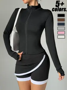 Women's Fitted Short Zipper Sport Jacket, Long Sleeve Thumb Hole Yoga Coat, Gym Running Sports Top, Casual Daily Wear