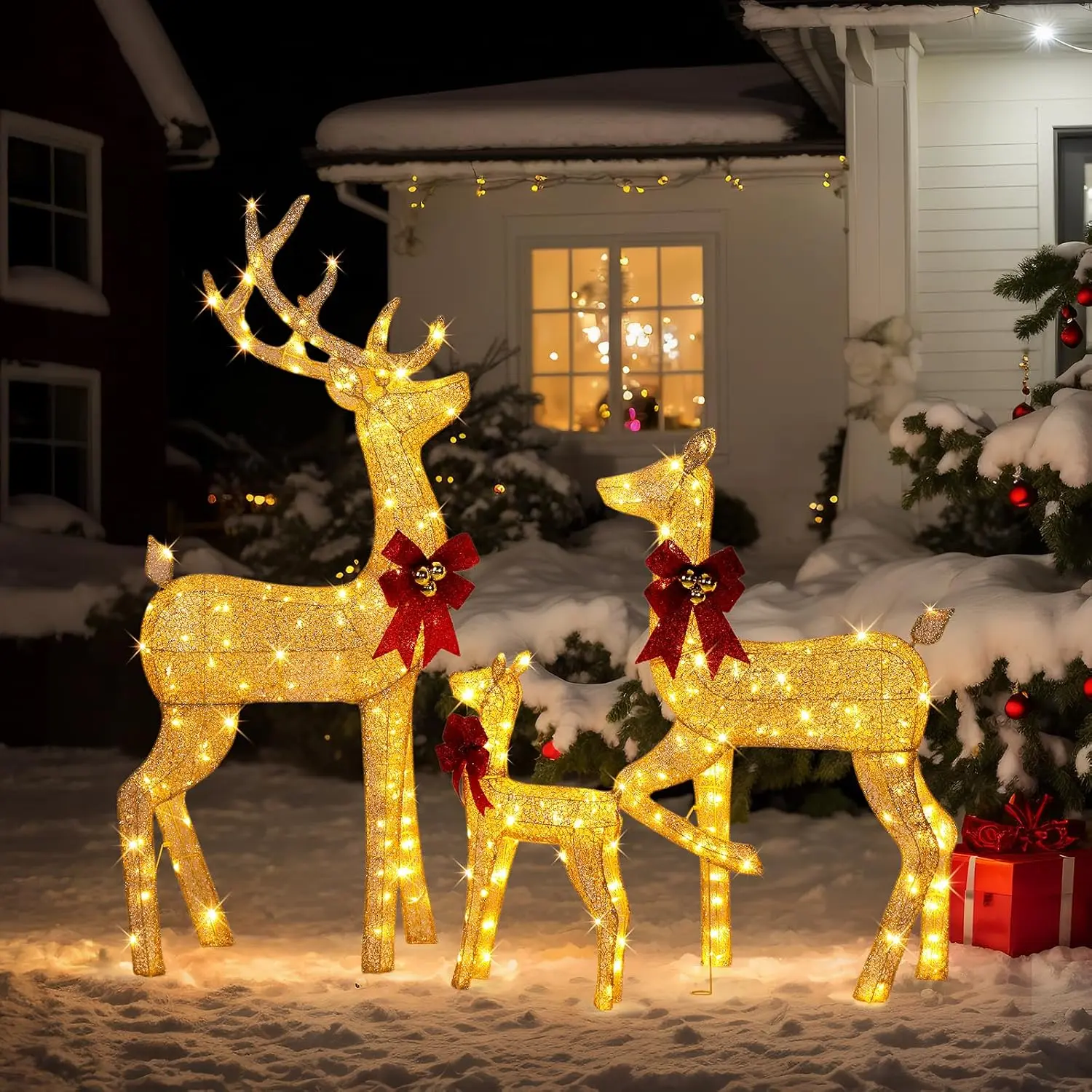 5ft Golden Christmas Reindeer Family Set, 3-Piece Lighted Outdoor Decorations with 290 Warm White LED Lights, Weatherproof Buck Doe Fawn for Yard Lawn Porch Xmas Festive Home Decor, 5Ft Golden Reindeer