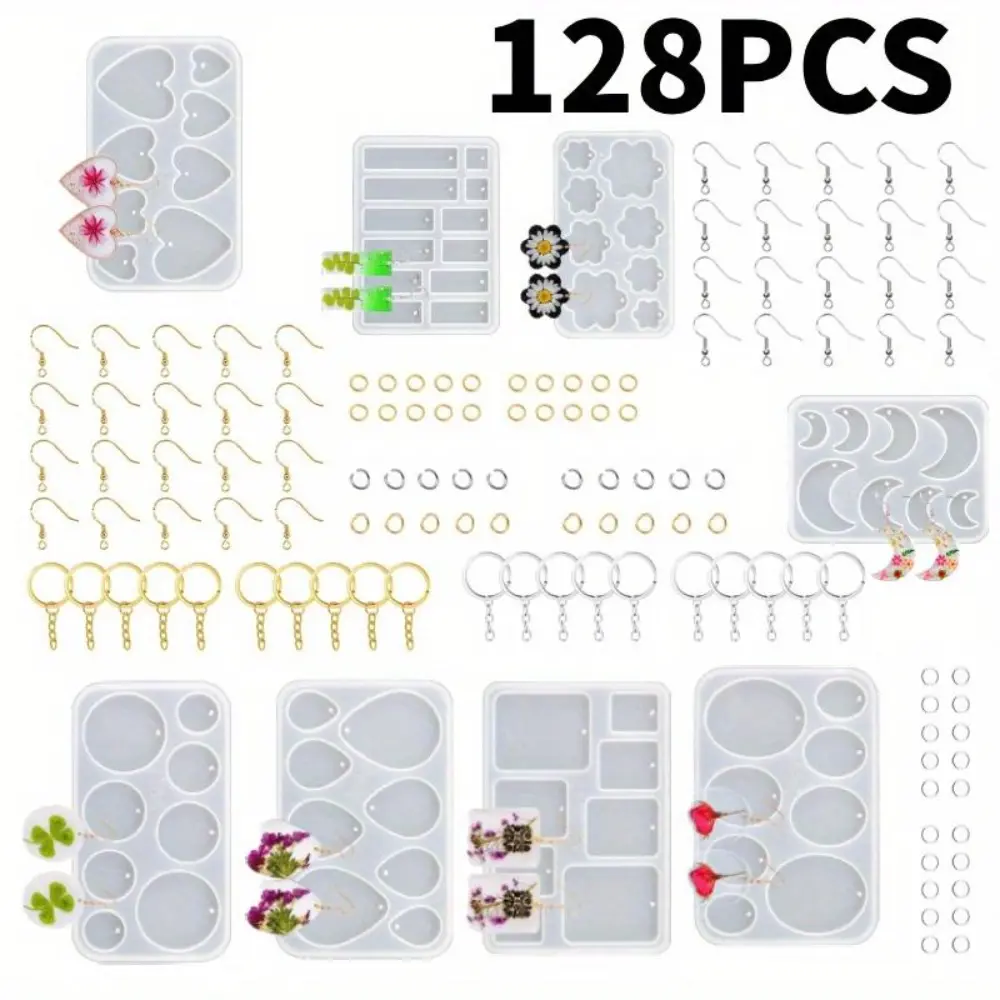 128-Pack Silicone UV Resin Jewelry Making Mold Set with Holes - Circle, Water Drop, Heart Shape Earring, Keychain, Necklace Pendant Kits for Women