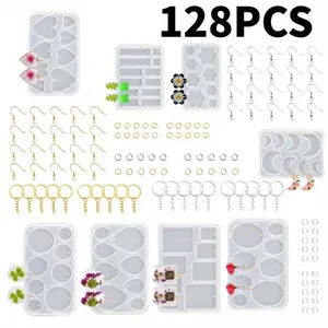 128 Packs Multiple UV Resin Earring Mold with Holes, Basic Epoxy Keychain Kits Bundle Complete Set, Necklace Pendant Moldes para Resina Epoxica for Female