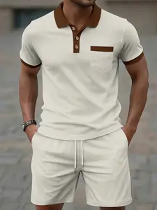 Men's Casual Fashion Fitted Waffle Polo Shirt Set, High-Quality Texture, Patchwork Short Sleeve Polo and Gym Shorts Design, Perfect for Daily Wear