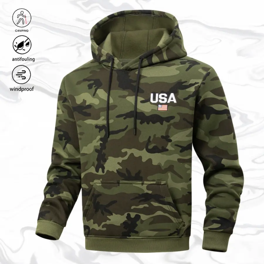 Men’s camouflage hooded pullover sweatshirt—a cool, relaxed casual top with a moderately loose fit that softens shoulders and conceals a stocky build. Camouflage hoodie that shapes the silhouette while maintaining a laid-back, soft everyday vibe, featurin
