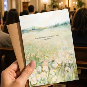 Christian encouragement card Psalm 16:11 Bible verse, inspirational faith greeting card with soft floral landscape artwork, religious gift for women mom friend, uplifting scripture card with envelope ready to gift