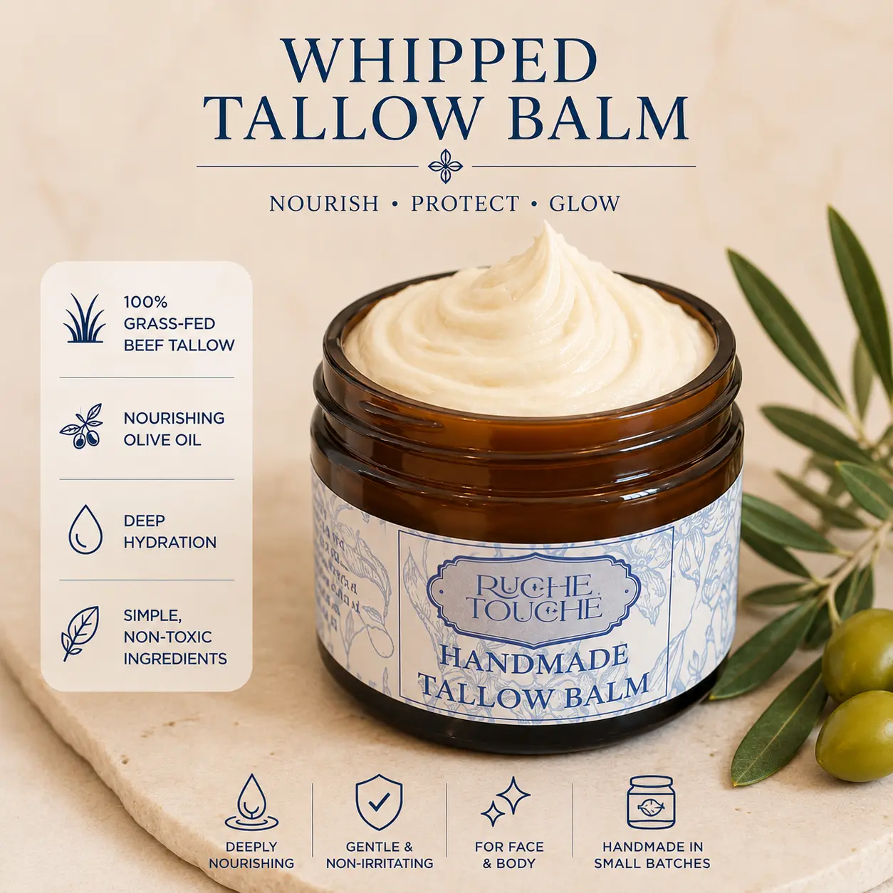 Ruche Touche Organic Grass-Fed Beef Whipped Tallow  Handmade and All-Natural Moisturizer