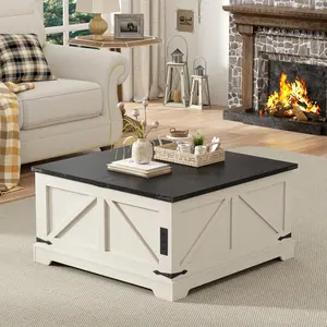 Vabches Farmhouse Lift Top Coffee Table with Storage, Wood Square Center Table with Charging Station, Rustic Cocktail Tables with Flip Top Lids for Living Room, Home Office, Modern Black