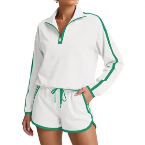 Fisoew Womens 2 Piece Outfits Sets Half Zip V Neck Long Sleeve Pullover Tops Shorts Casual Tennis Running Tracksuits #SummerVibes，Sun Protection