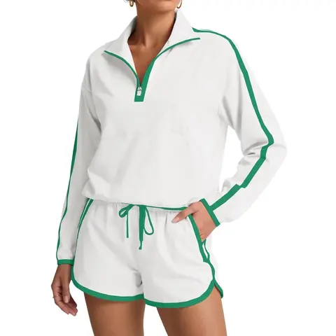 Fisoew Women's 2-Piece Activewear Set - Half Zip V-Neck Long Sleeve Pullover Top & Shorts, Breathable Lightweight Athletic Outfits, Sun-Protective Fitness Sportswear for Summer Tennis, Workout Sets Women Activewear Clothing,sohochic