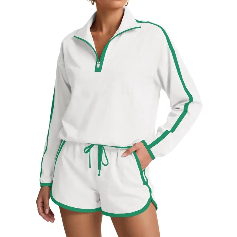 Fisoew Women's 2-Piece Activewear Set - Half Zip V-Neck Long Sleeve Pullover Top & Shorts, Breathable Lightweight Athletic Outfits, Sun-Protective Fitness Sportswear for Summer Tennis, Workout Sets Women Activewear Clothing,sohochic