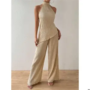 Suit Elegant Fashion Wide Leg Pants Top Neck Hanging Hem Symmetrical Not Solid Color Summer Women a é Raffin SHEIN
