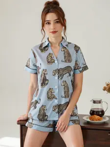Women's Sleepwear Set, Leopard Print Short Sleeve Top with Shorts, Comfortable Casual Daily Pajamas, Home Wear
