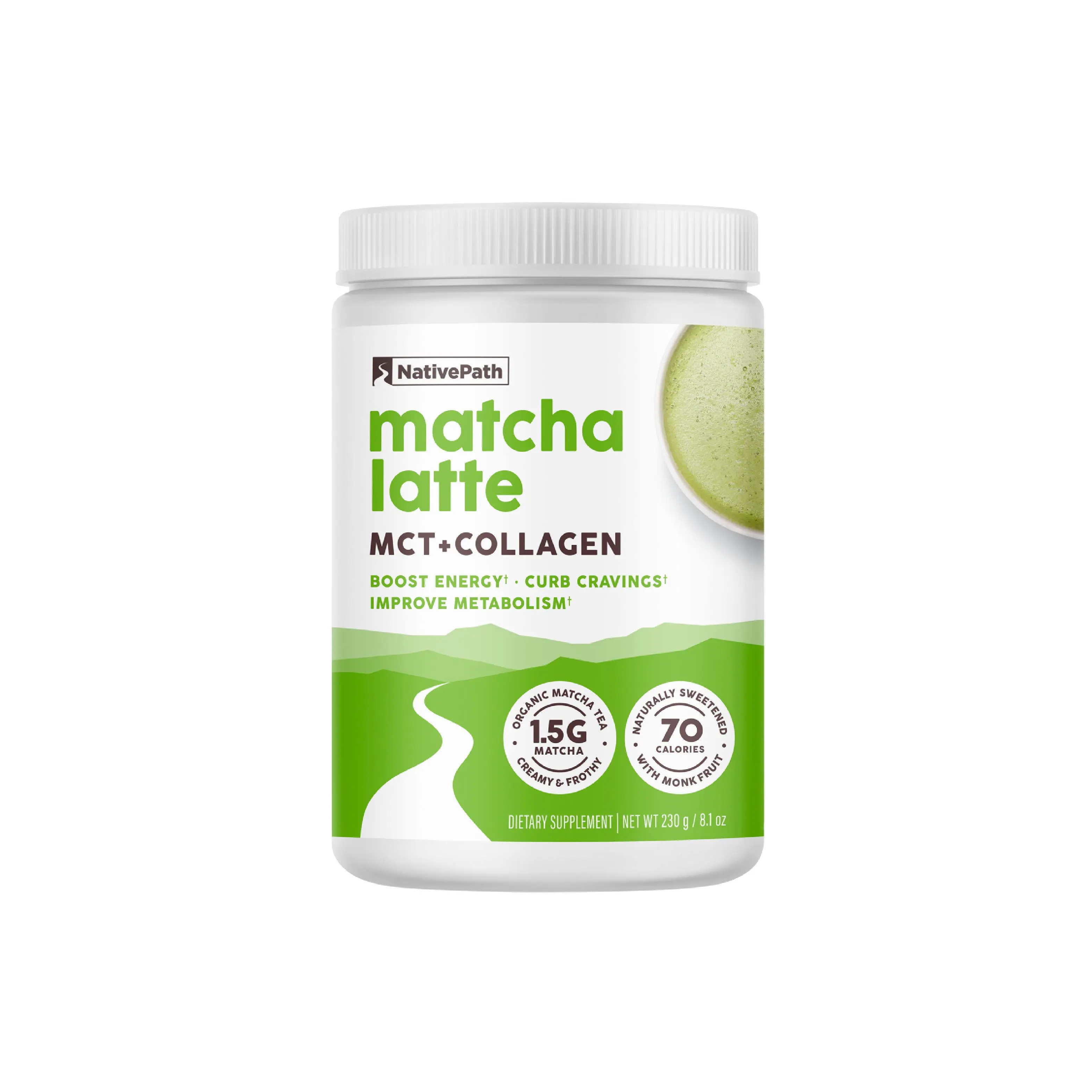 NativePath Matcha Latte Collagen Peptides with MCT Oil - Grass-Fed Collagen & Organic Matcha for Energy & Focus - Keto, No Gluten or Dairy (8.1 oz)