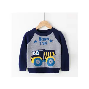 Boys' Korean Style Cartoon Monster Truck Graphic Sweater - Grey & Navy Contrast Color Block, Soft Knit Long Sleeve Pullover with "Heave Truk" Lettering, Warm Winter & Fall Sweater for to, Casual Crewneck Sweater for Everyday & Themed Events