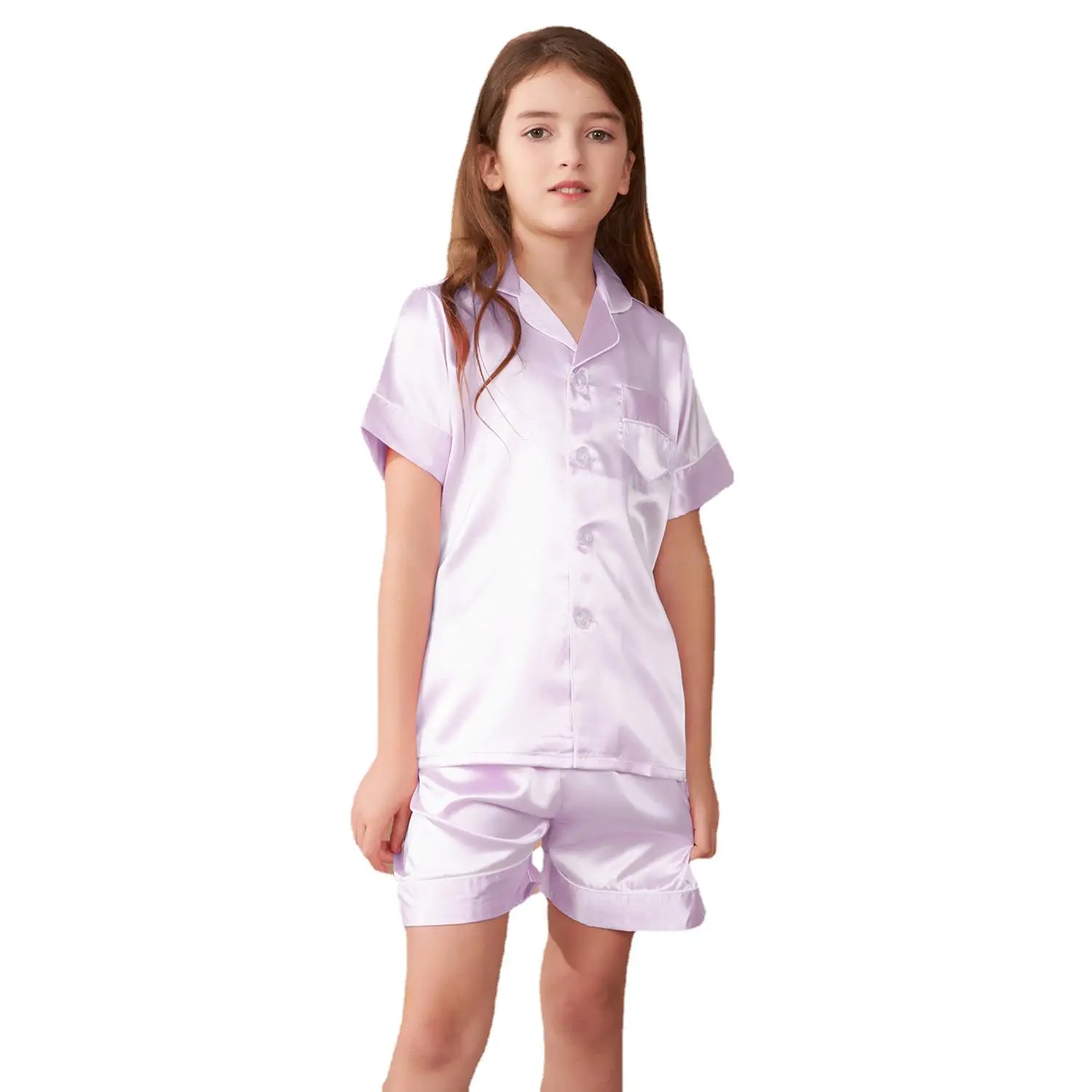 Premium Satin Pajama Set for Kids Baby Boys Girls Button-Up Short Sleeve Top & Shorts Loungewear Nightwear Gifts for Kids Casual Breathable Lightweigh