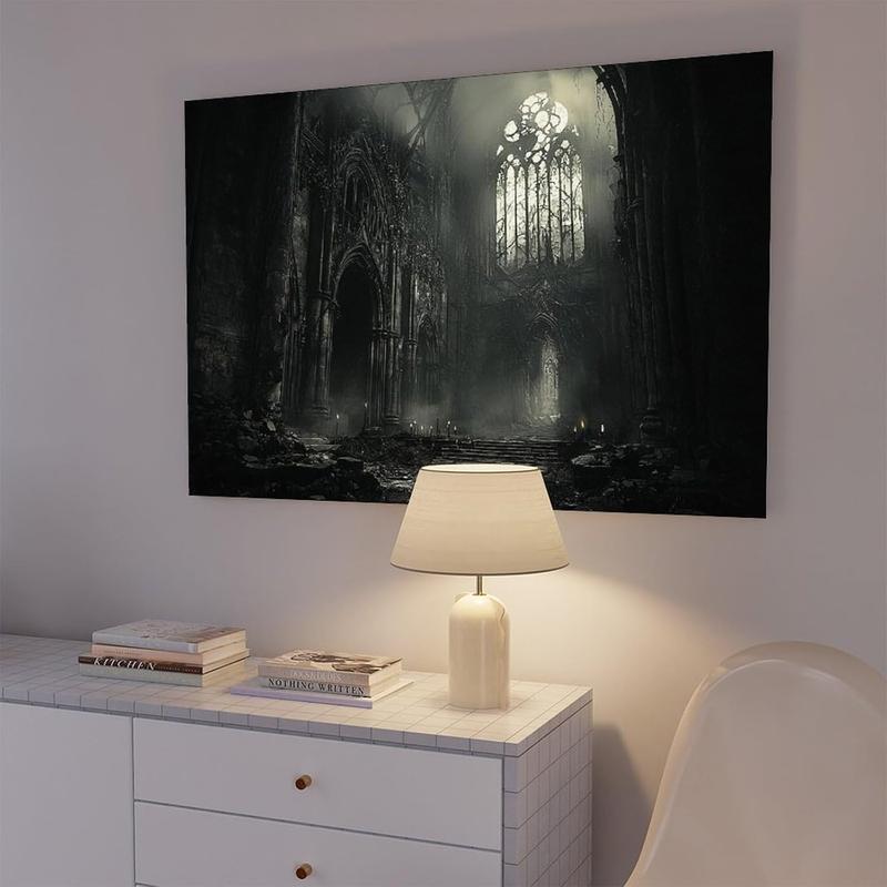 XAHOR Abandoned Gothic Cathedral Wall Art – Dark Horror Architecture Print – Vintage Black And White Canvas Wall Art Print Poster For Home School Office Decor 12x18inch(30x45cm)