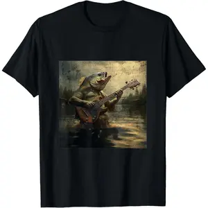Casual Cotton shortsleeve tees  Weird Bass Fish Playing Bass Guitar Funny Cursed Meme T-Shirt