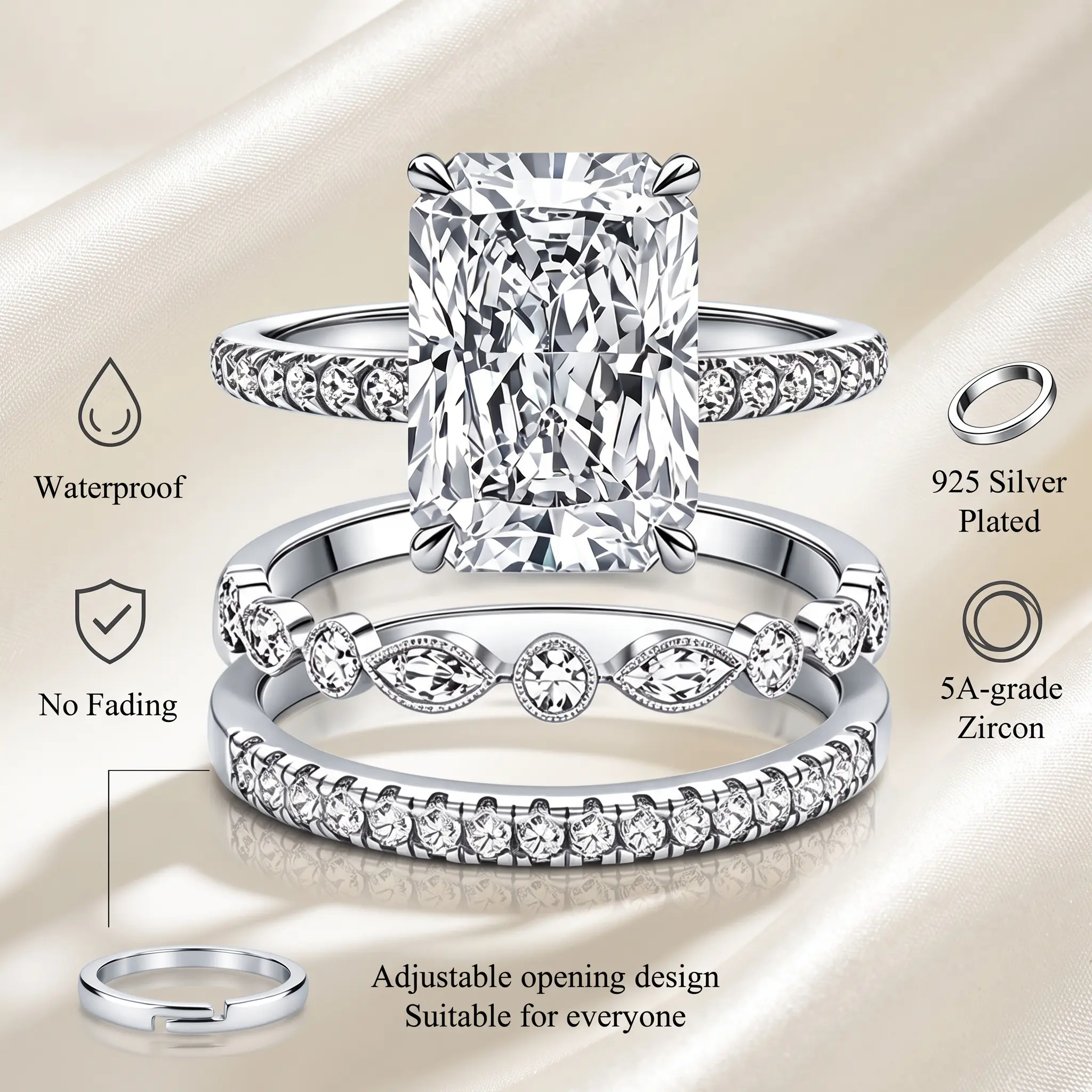 Women's 3pcs Elegant Stackable Radiant Rectangle Cut Rings Set, 925 Silver-Plated Waterproof Moissanite Rings, Wedding Engagement Jewelry Gift for Wife, Fashion Statement Accessory, Rings For Women