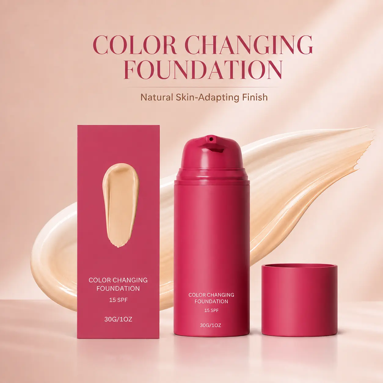 Adaptive Color Changing Foundation Shade Adjusting Liquid with SPF Sun Protection Makeup Full Coverage Concealer for Acne Scars 24H Long Wear Vegan Formula Skin Flawless Stay Finish Radiant Serum