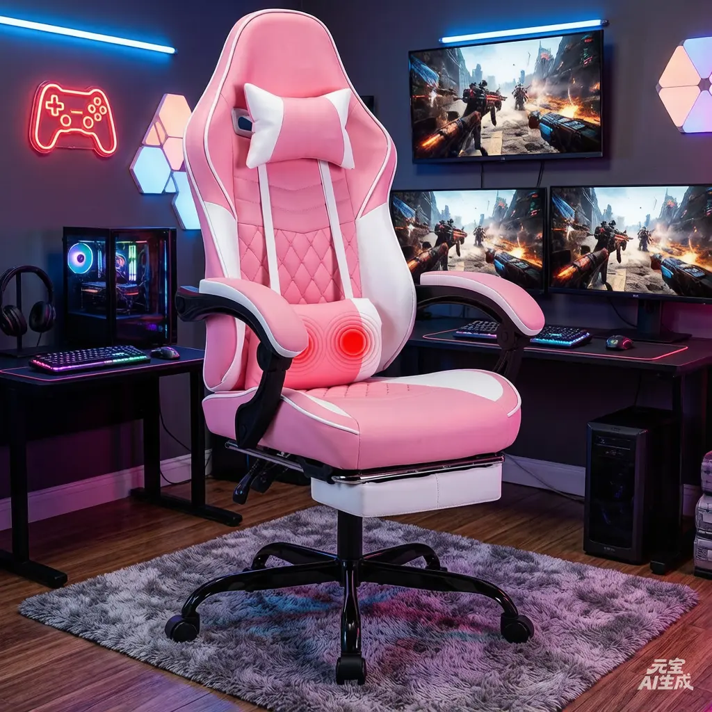 Ergonomic Video Gamer Chairs, Office Chair, Computer Gaming Chairs with Massage Lumbar Support and footrest,Racing Style Computer Chair Adjustable Headrest for Adults,PinkWhite
