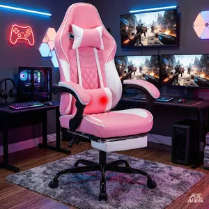 Ergonomic Video Gamer Chairs, Office Chair, Computer Gaming Chairs with Massage Lumbar Support and footrest,Racing Style Computer Chair Adjustable Headrest for Adults,PinkWhite