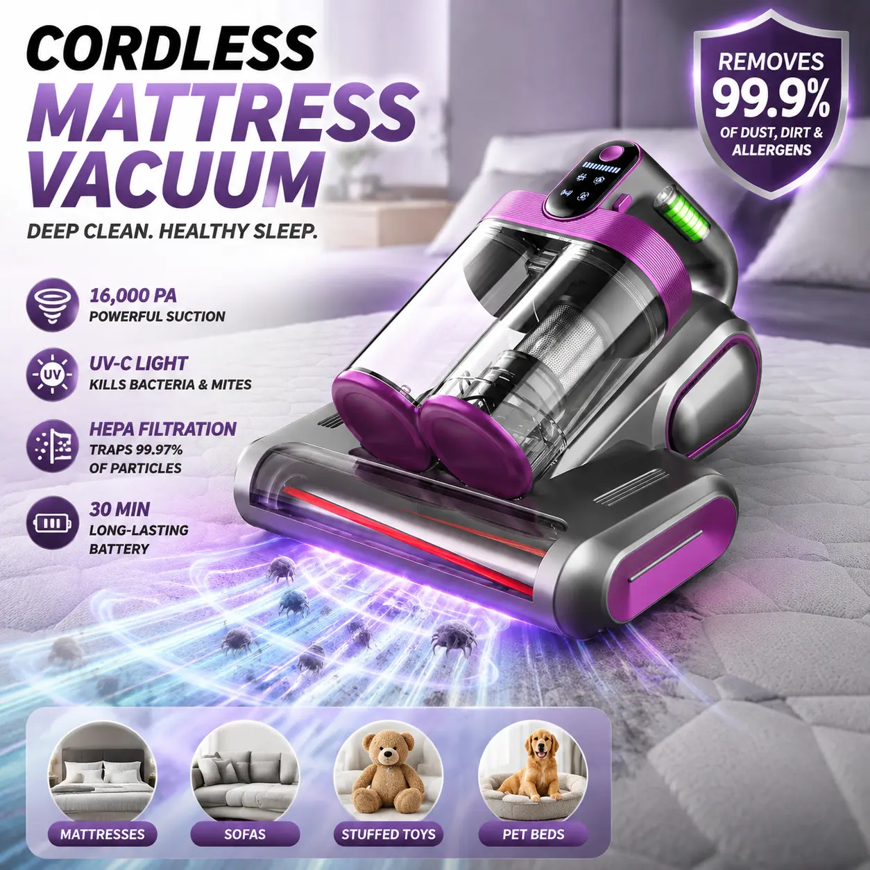 Mattress Vacuum Cleaner for Dust Mites – 16kPa Powerful Suction UV-C Mattress Cleaner with Intelligent LED Display, 149°F Hot Air Sterilization, Aroma & Anion, HEPA Filter, Lightweight Deep Cleaner for Pet Hair on Bed, Sofa for Clean Living cleaning