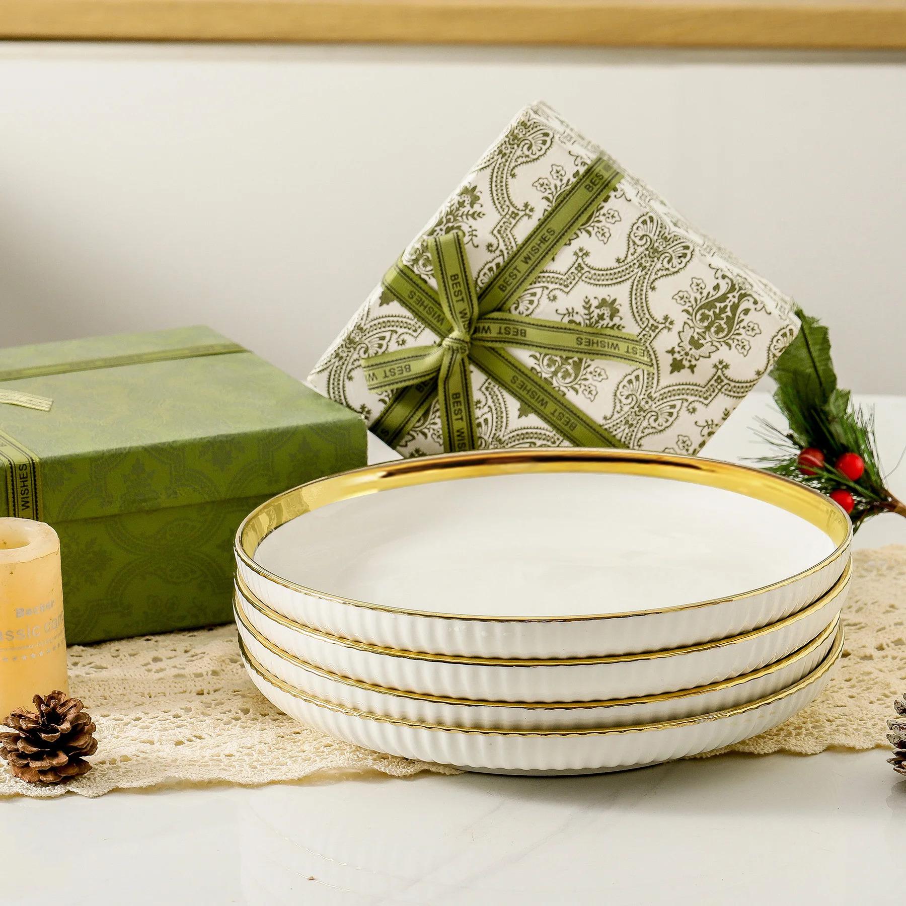LETAOTAO Wedding Dining Tray Set White Porcelain Plate Dish with Gold Edge Eco-Friendly Ceramic Tray for Table Gold Trim