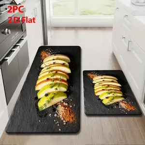 2pcs/3pcs Flannel Kitchen Mat Set, Deep Stone Texture, Gradient Apple Pear Slices, Non-Slip, Absorbent, Home Decor