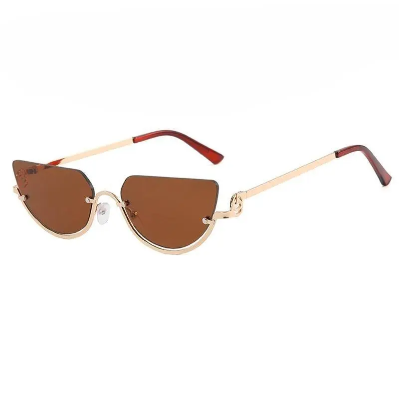 Rimless Cat Eye Sunglasses for Women Y2K Tiny Metal Frame UV400 Protection Trendy Slim Half Frame Shades Summer Beach Eyewear