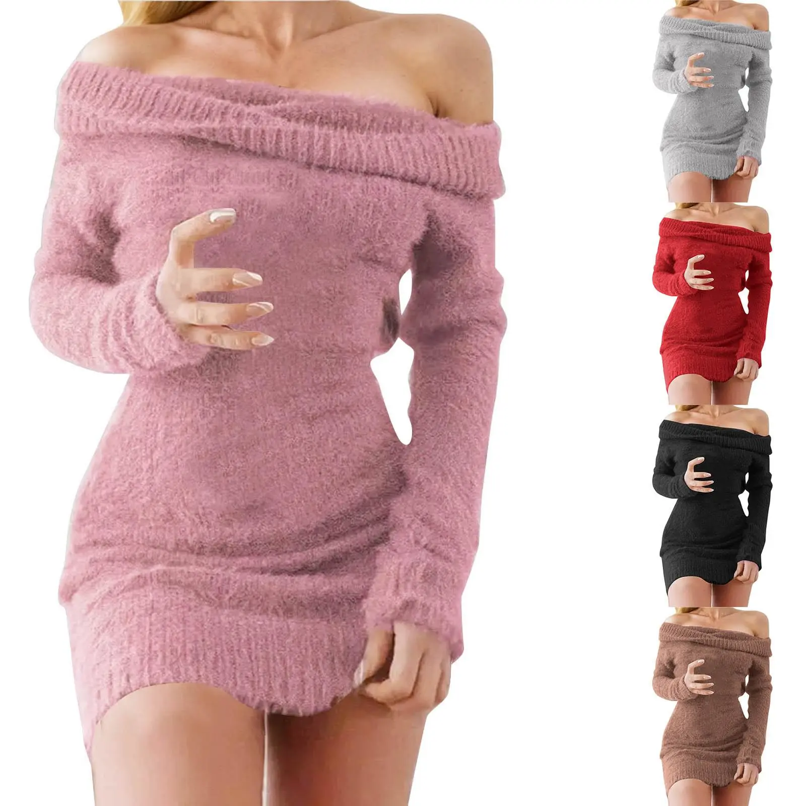 Sexy Off Shoulder Fuzzy Sweaters Dresses Women's Long Sleeve Knitting Warm Plush Sweater Dress Ladies Slim Wrap Hip Mini Dress Casual Fashion Womenswear Bodycon summer outfits