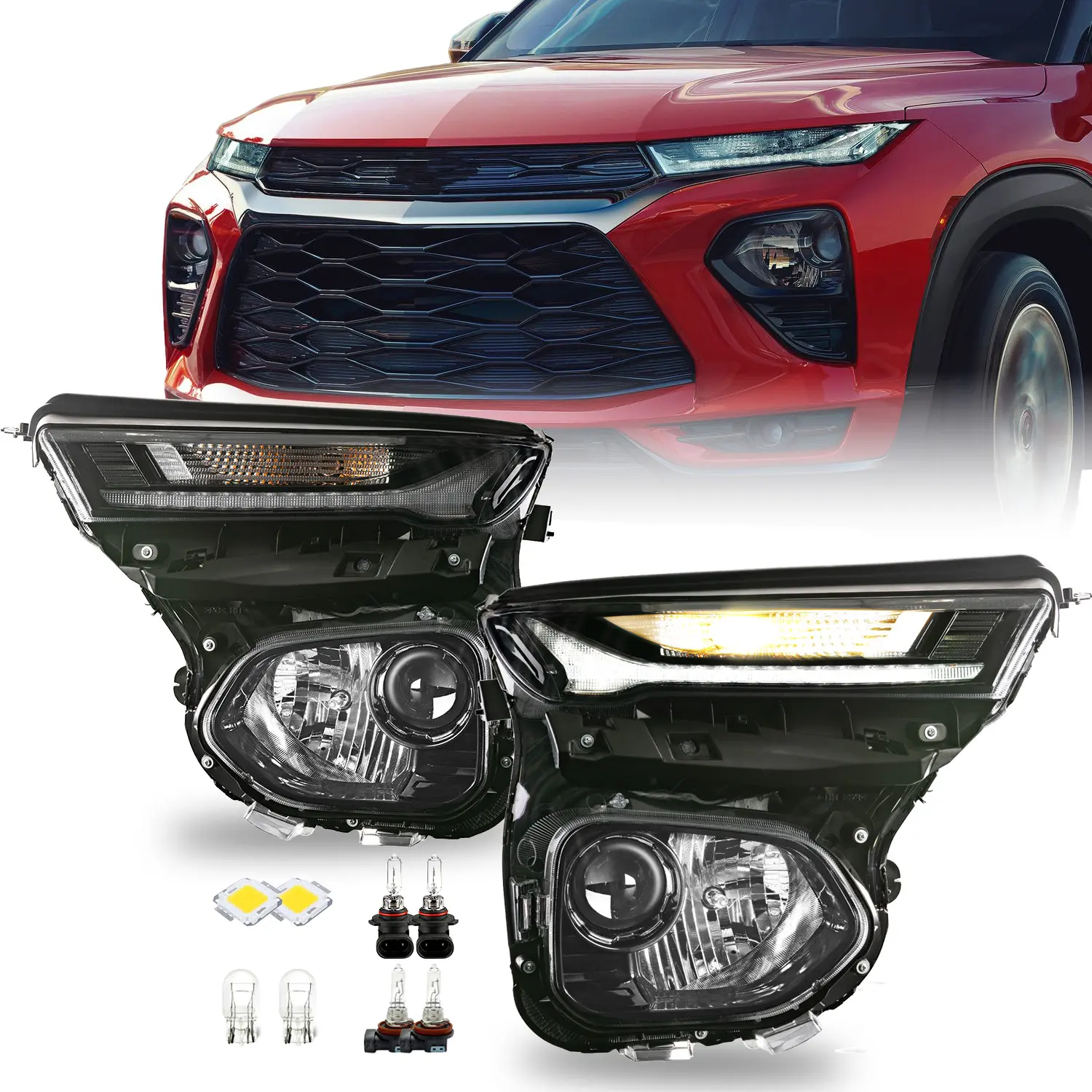 Headlight Assembly with LED DRL for 2021 2022 2023 Chevy Chevrolet Trailblazer Halogen Headlamps with Bulbs Replacement Driver and Passenger Side, 2021 Chevy Trailblazer Ls/Lt/Rs/Activ, Dot & Sae Certified
