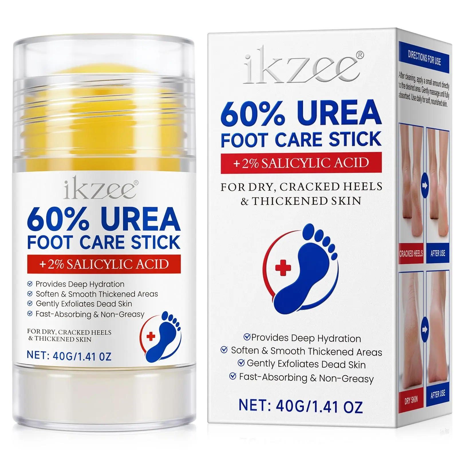 Ikzee Urea Care Stick Moisturizer, containing urea and aloe vera ingredients, is designed to deeply moisturize and hydrate dry and cracked skin. It effectively nourishes and replenishes moisture, suitable for dry areas such as elbows and soles of feet.