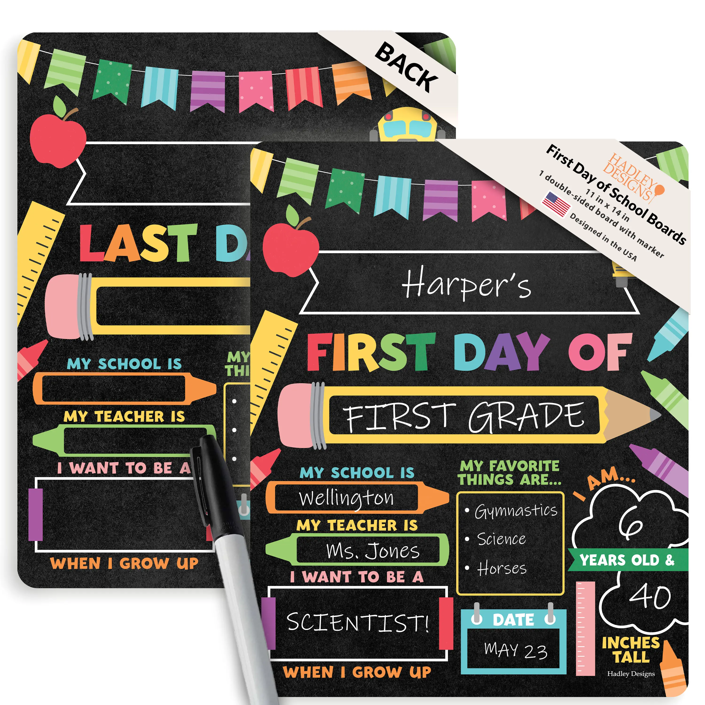 Hadley Designs First Day of School Boards 11x14 Inches Double-Sided Reversible Chalkboard Sign with Eraser & Marker for Preschool to Kindergarten Capt