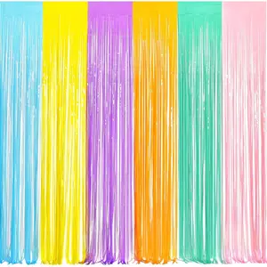 Tinsel Foil Fringe Curtains - 2Pcs 3.2x8.2ft Pastel Colourful Photo Backdrop for Christmas New Years Princess Birthdays Easter Bunny Bridal Shower Fairy Candy Donuts Party Decorations